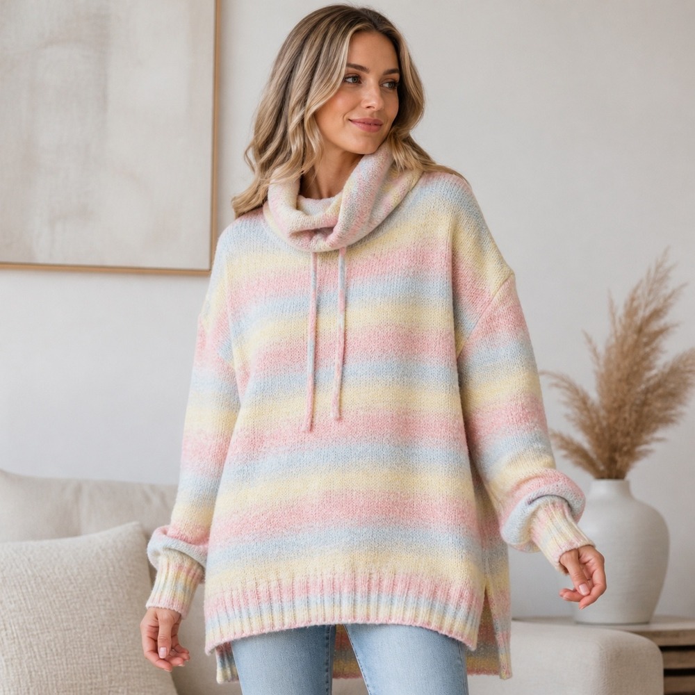 G.I.L.I. Cowl Neck Sweater 1X Multi Pastel New Striped Oversized A460528 (2323)